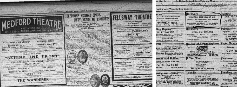 1926 Medford Mercury newspaper page and business directory clippings with Modern Hardware Co. circled
