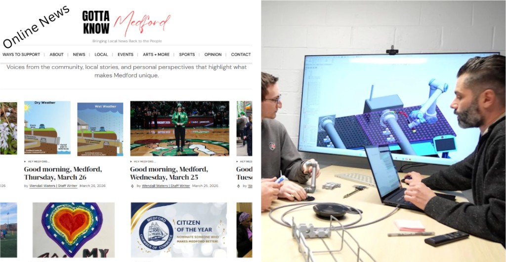 Gotta Know Medford local news site with Chamber 100-year logo, beside engineers working with a laptop and robotic arm CAD on a large display