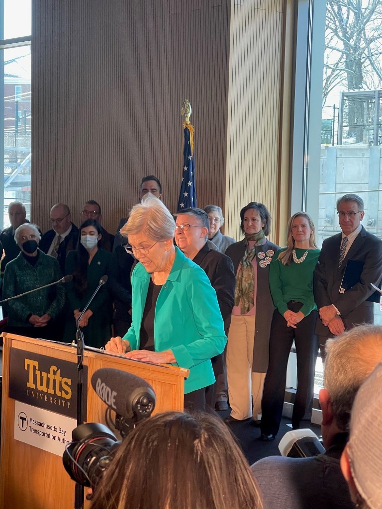 Senator Warren speaking at Tufts University MBTA event