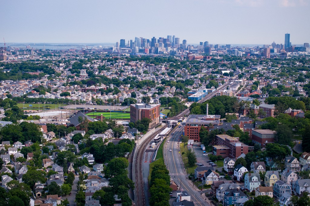 Aerial view of Medford with city skyline
